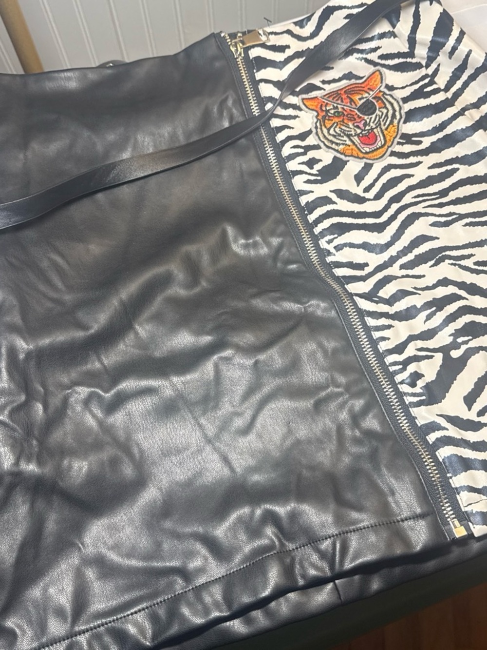 AKIRA Black Faux Leather Mini Skirt with Zebra Panel & Tiger Patch